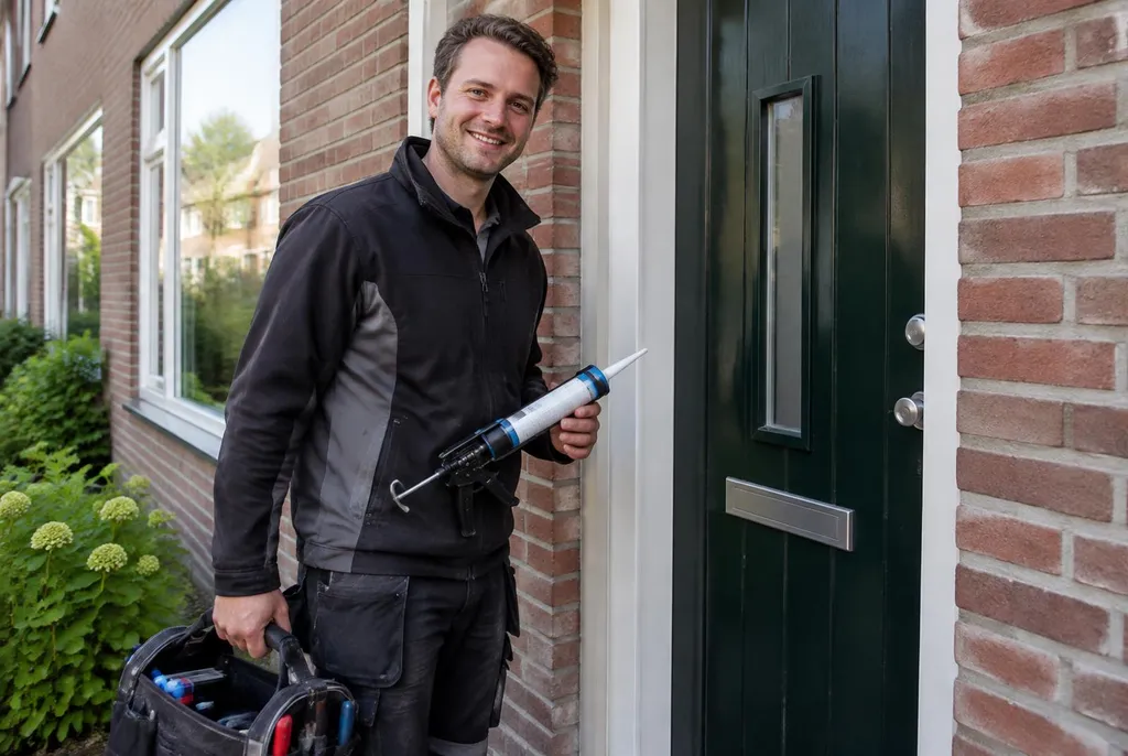 Vakman van Kitbedrijf Leiden bij de voordeur van een woning